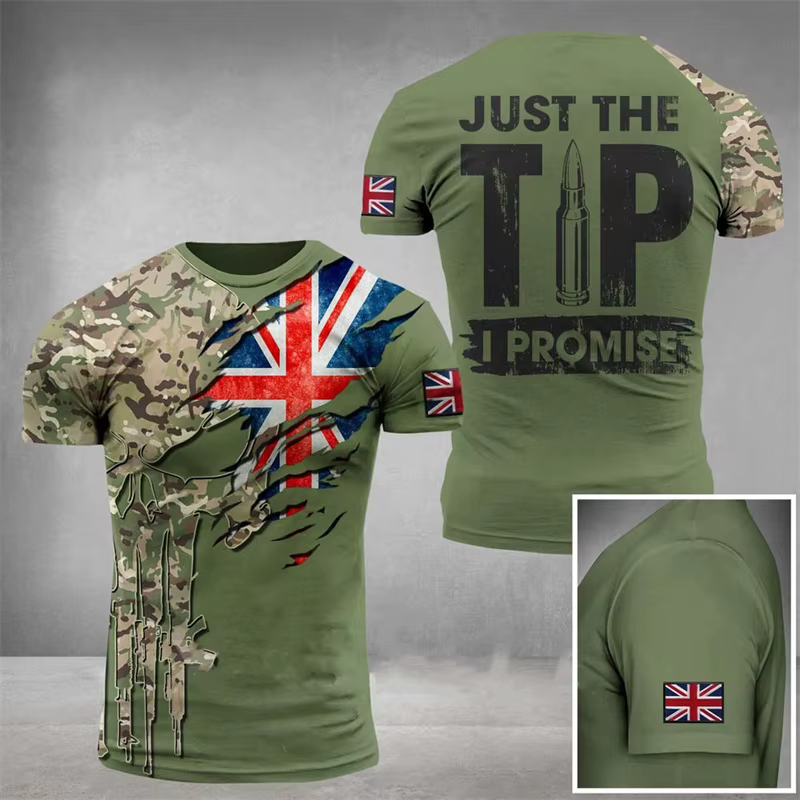 T-shirt graphique drapeau britannique été 2026 pour hommes, vêtements de sport, t-shirts imprimés 3D camouflage champêtre, hauts de qualité supérieure