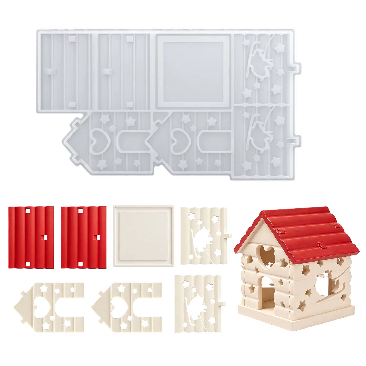 Moule en silicone pour résine de Noël : 1 moule en silicone en forme de cabane de Noël, avec un design ajouré orné d'étoiles et de cœurs