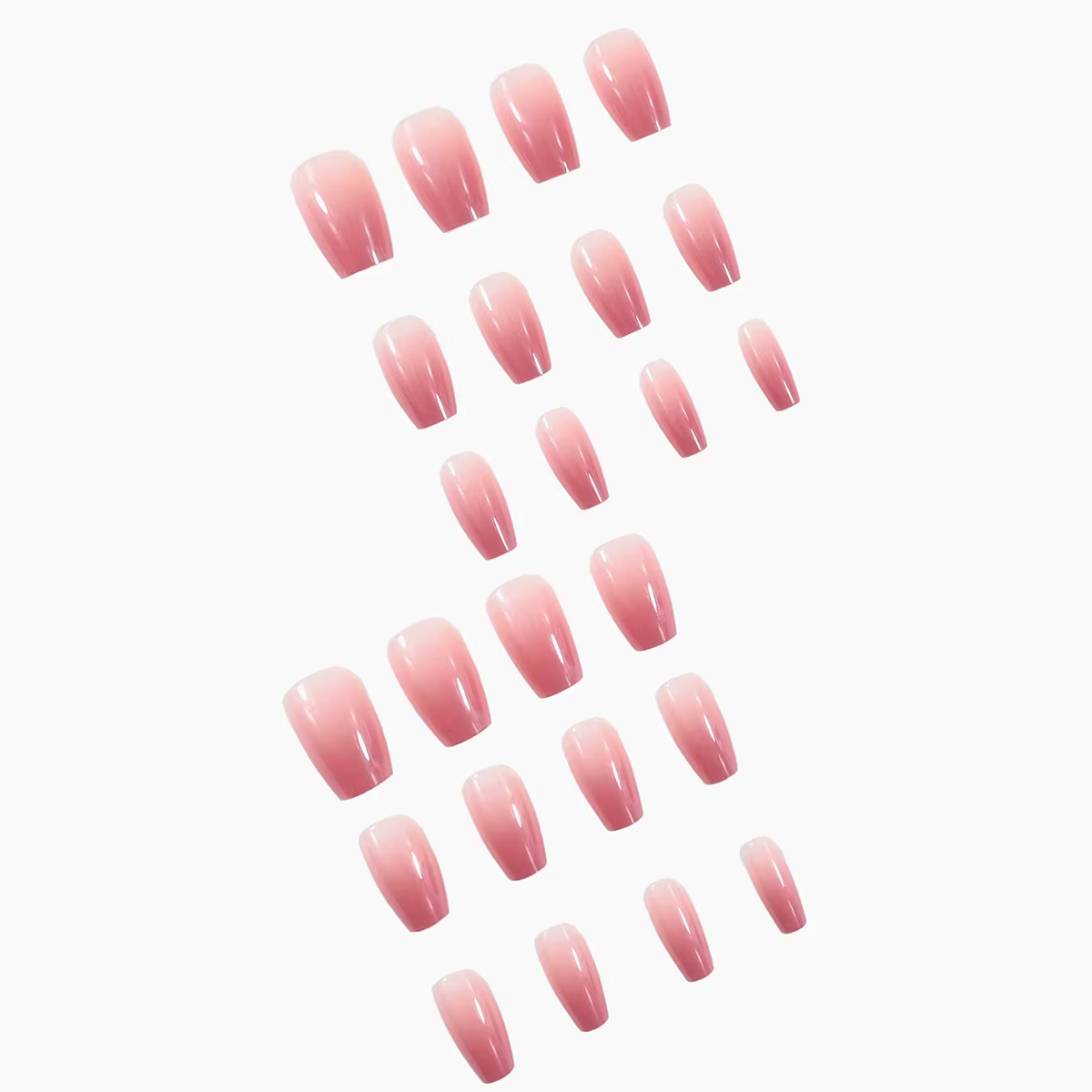 Un ensemble complet de 24 faux ongles moyens en forme de cercueil avec un design dégradé pêche