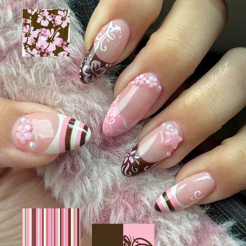 24 faux ongles roses mignons 3D en forme de fleur et d'étoile