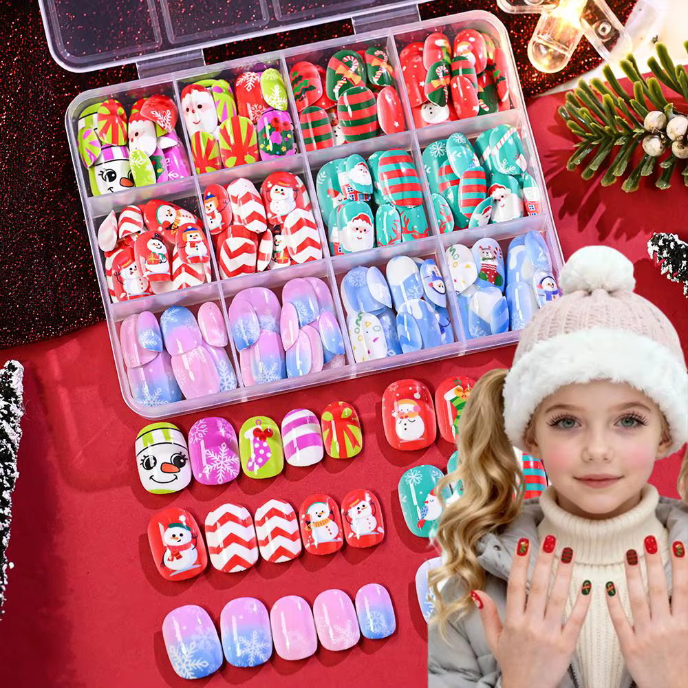 144 pièces/boîte noël enfants faux ongles beau bonhomme de neige flocons