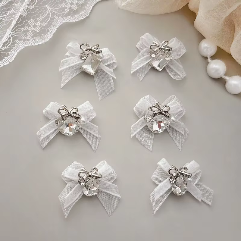 5 pièces 3D Organza arc Nail Art strass accessoires blanc rose arc carré goutte d'eau diamant