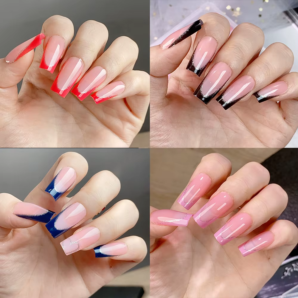 96 pièces/boîte 4 couleurs faux ongles français mi cercueil noir rouge