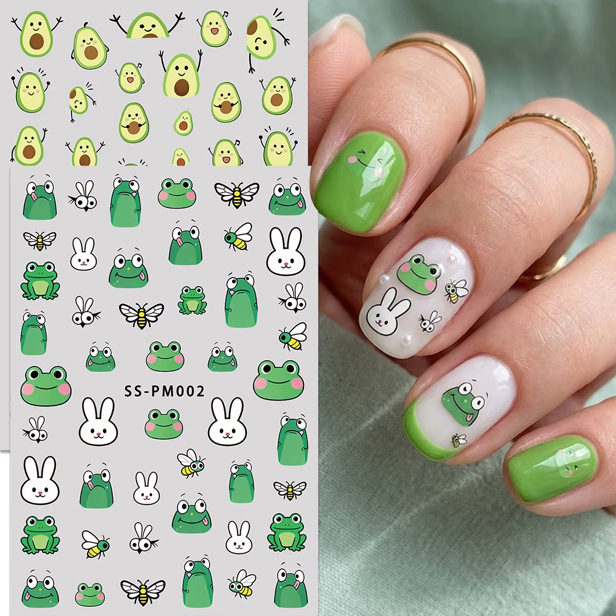 Autocollants pour ongles mignons en forme de grenouille de dessin animé et d'avocat