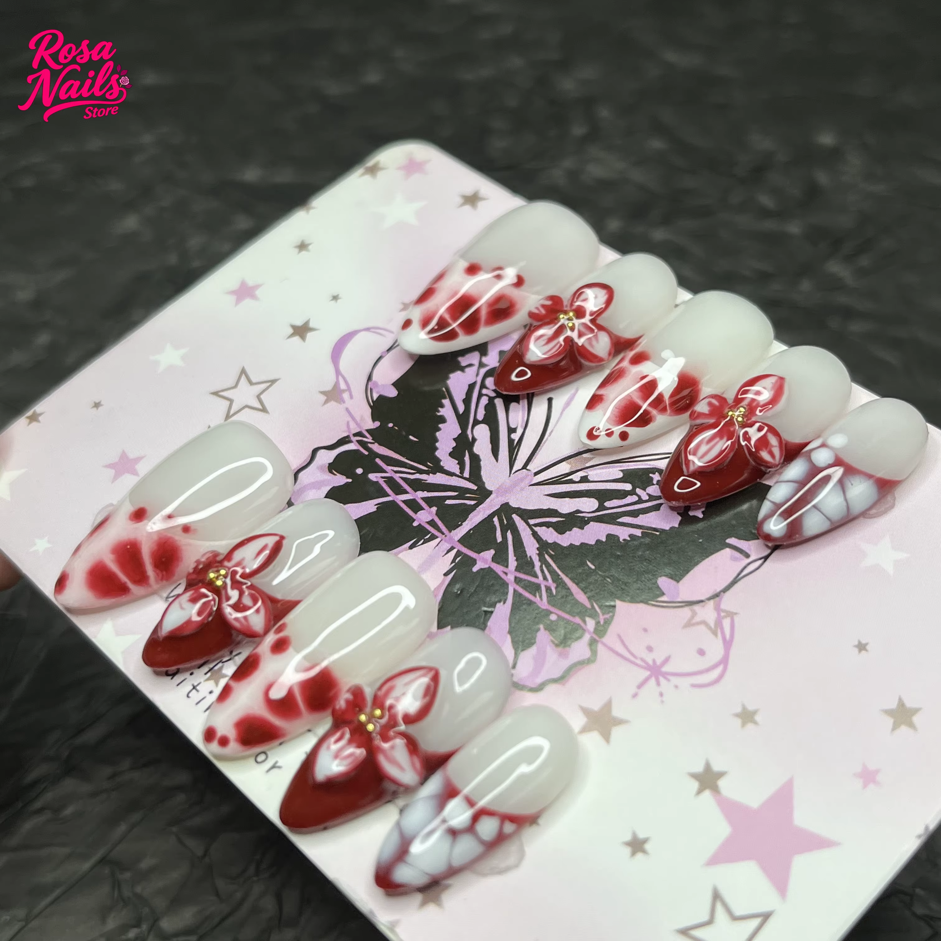10 pièces presse à la main sur les ongles rouge 3D fleur amande