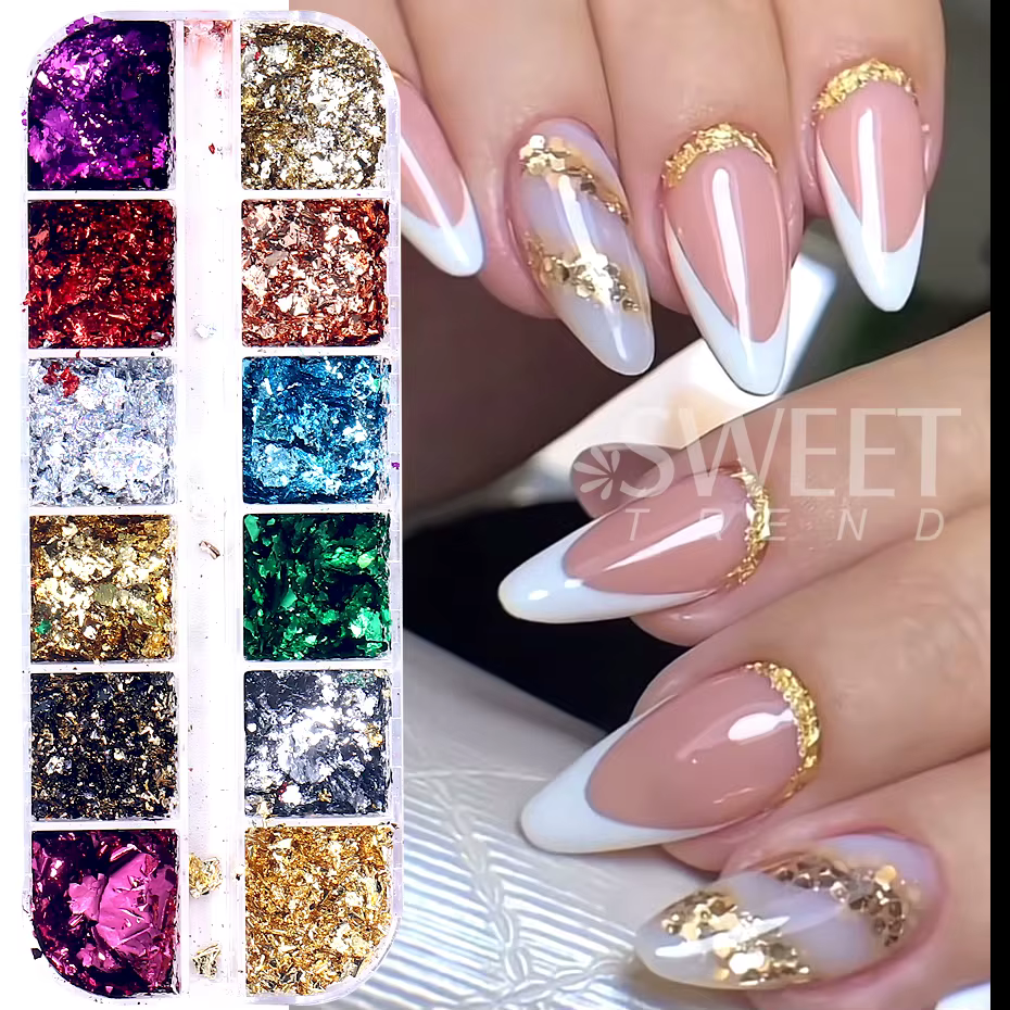 12 grilles feuilles d'or ongles paillettes aléatoires holographiques aluminium feuille d'ongle flocons autocollants