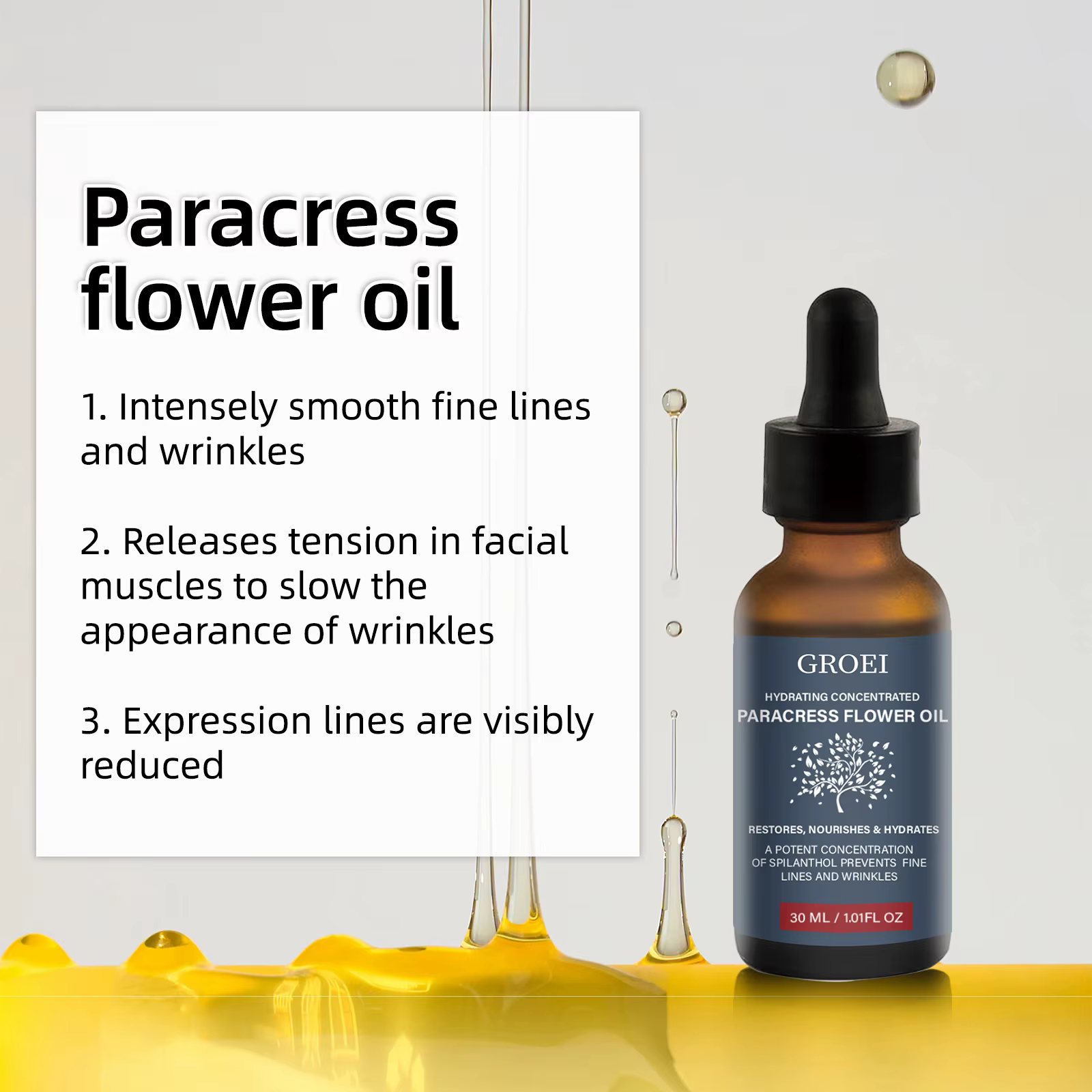 GROEI huile de fleur de paracress hydratante 30ml huile pour le visage Anti-âge réduire les ridules et les rides stimule le collagène sérum raffermissant naturel