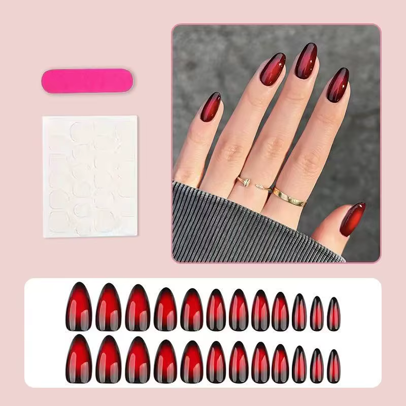 24PCSShiny – faux ongles ovales dégradés rouge vin
