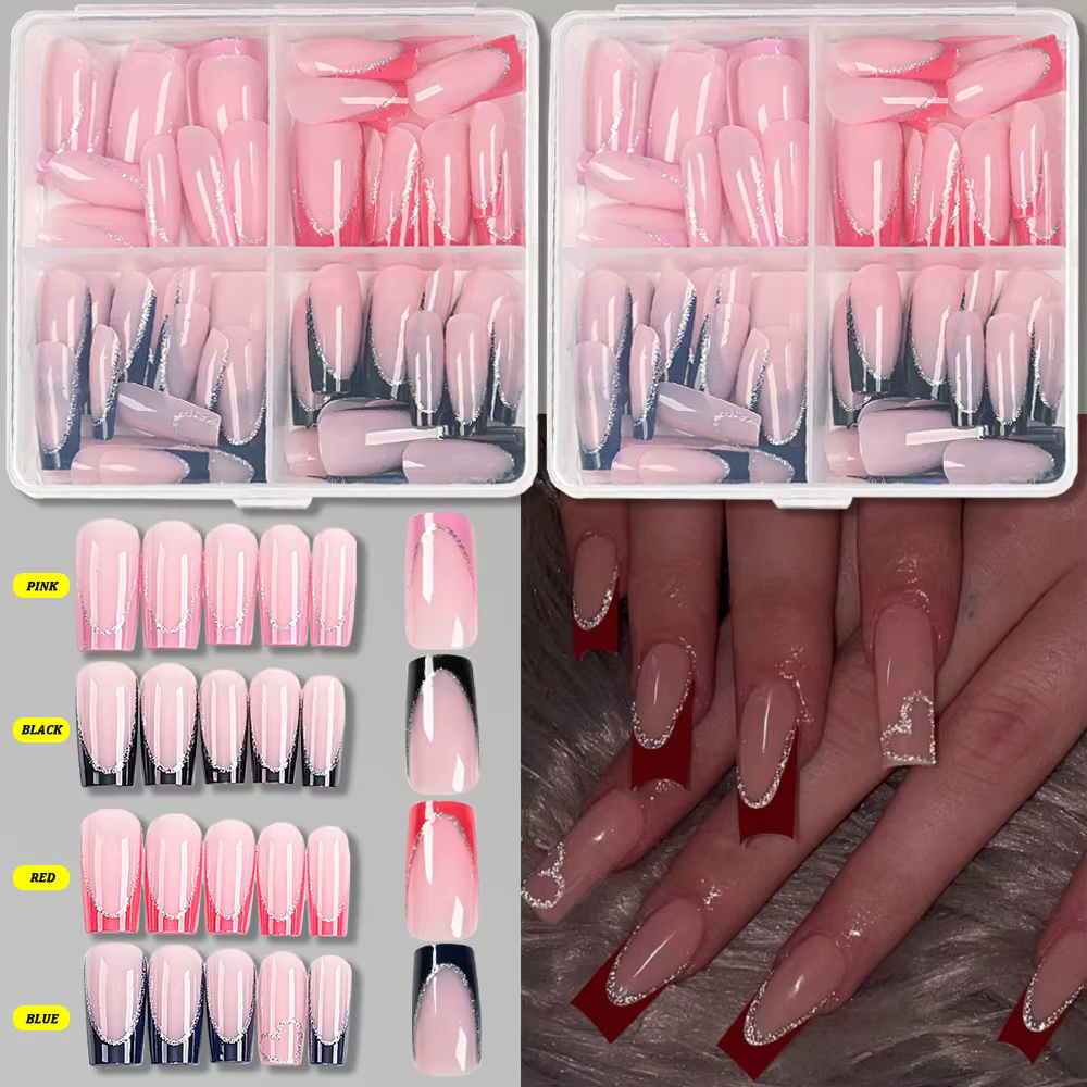 96 pièces/boîte 4 couleurs faux ongles français mi cercueil noir rouge