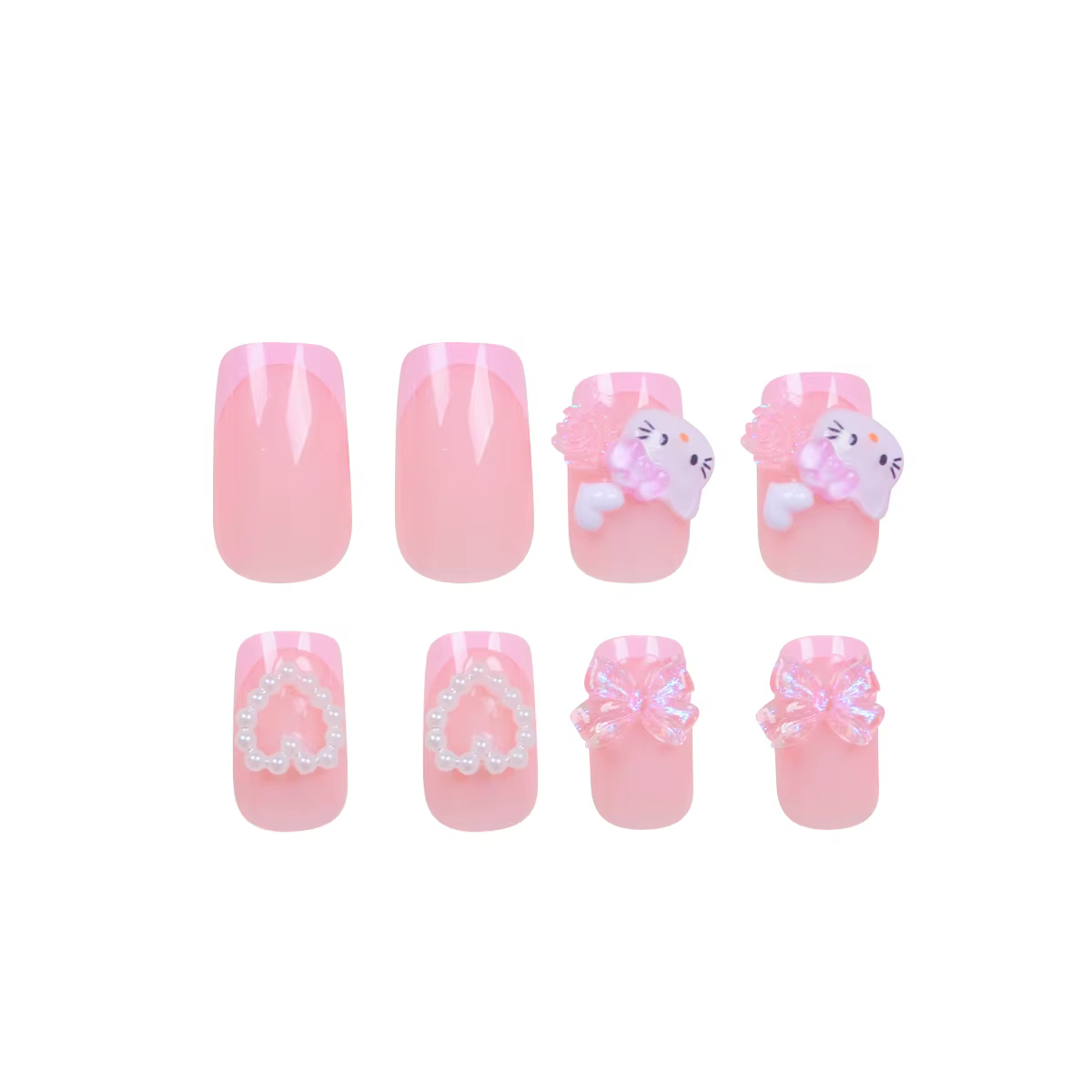 24 ongles carrés moyens rose français mignon dessin animé chat blanc amour camélia Patch