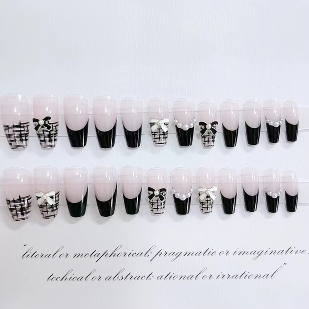24 pièces noir français presse sur ongles blanc arc perle conception faux