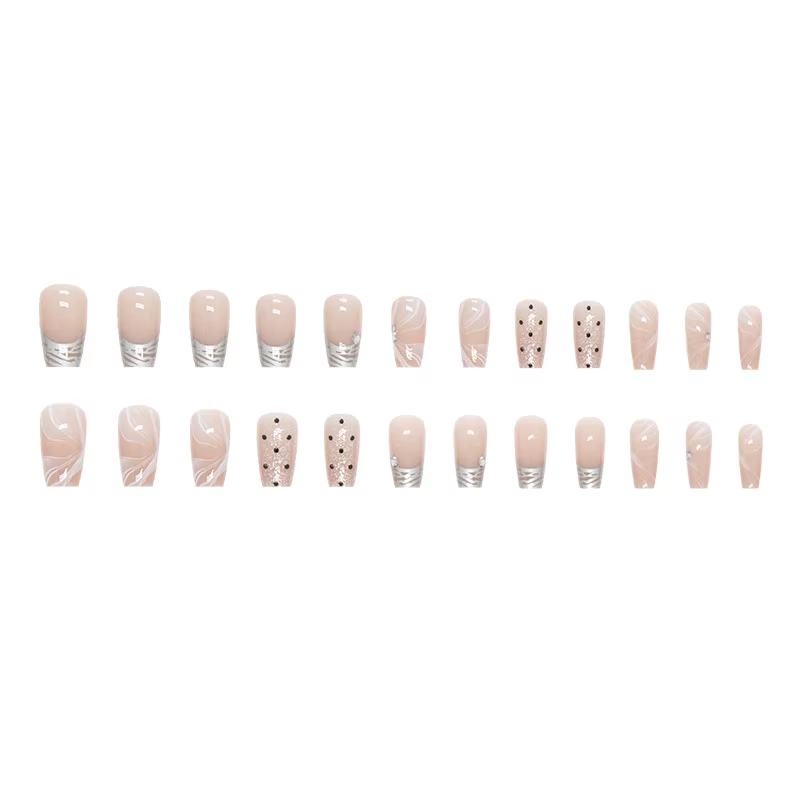 24 faux ongles argentés style français vintage