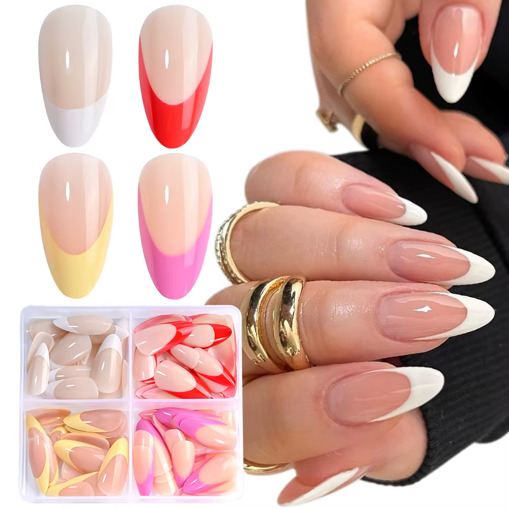 96 pièces/boîte mixte moyen amande français faux ongles blanc/rouge/rose/jaune