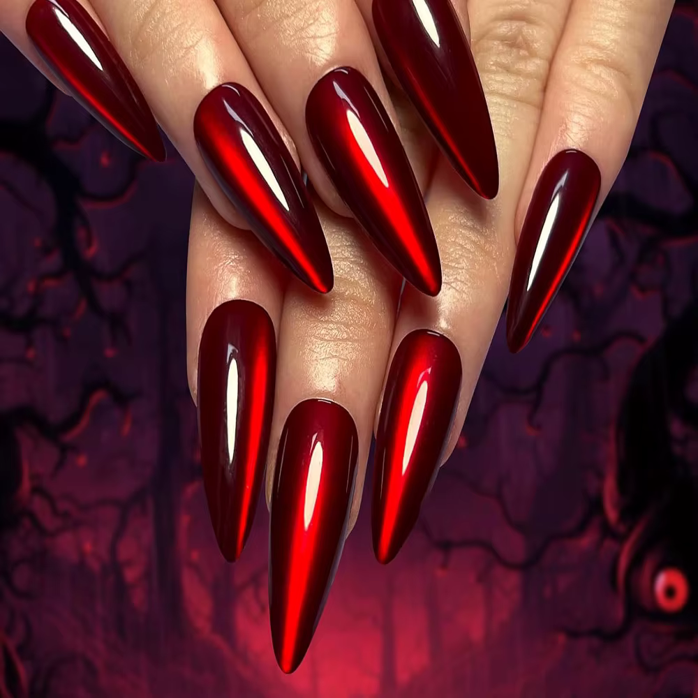 30 feuilles longues amande yeux de chat rouge faux ongles presse
