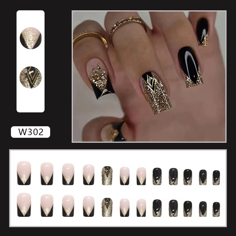 24 pièces couverture carrée presse sur ongles Halloween français doré brillant faux