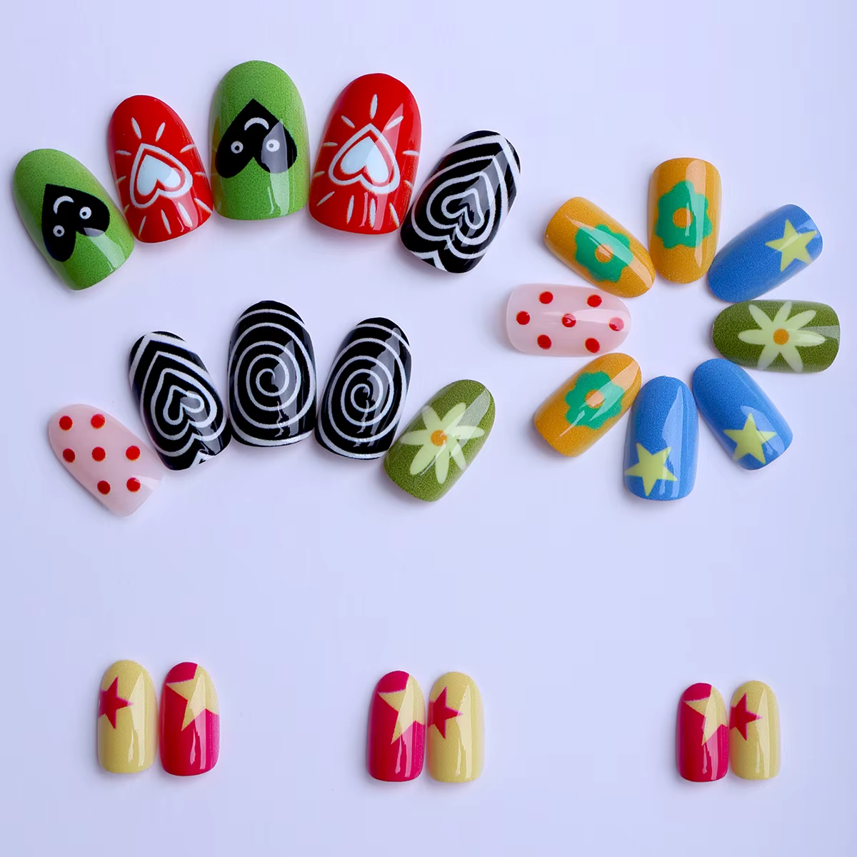 24 pièces faux ongles colorés doux Cool Dopamine presse sur Ins ongles court ovale tourbillon amour étoile à pois modèles faux ongles conseils