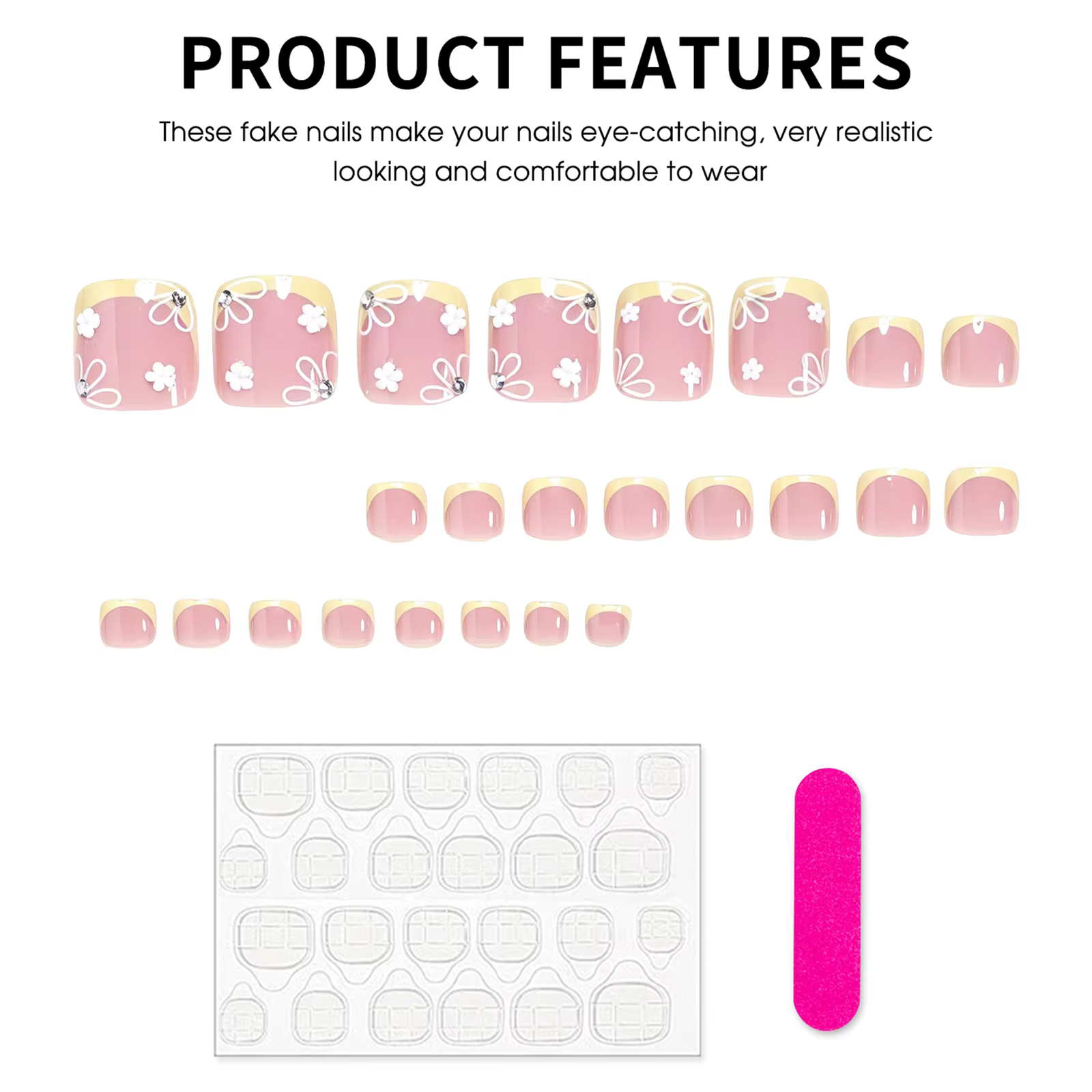 Ongles carrés français jaunes avec motif floral blanc
