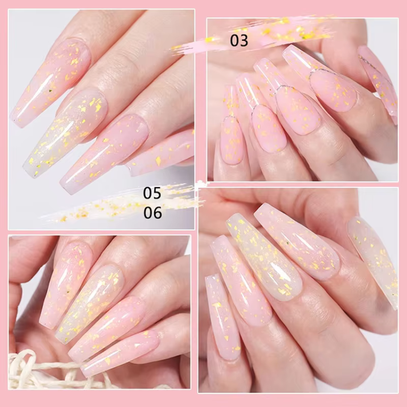 Gel de base en caoutchouc pailleté effet feuille d'or