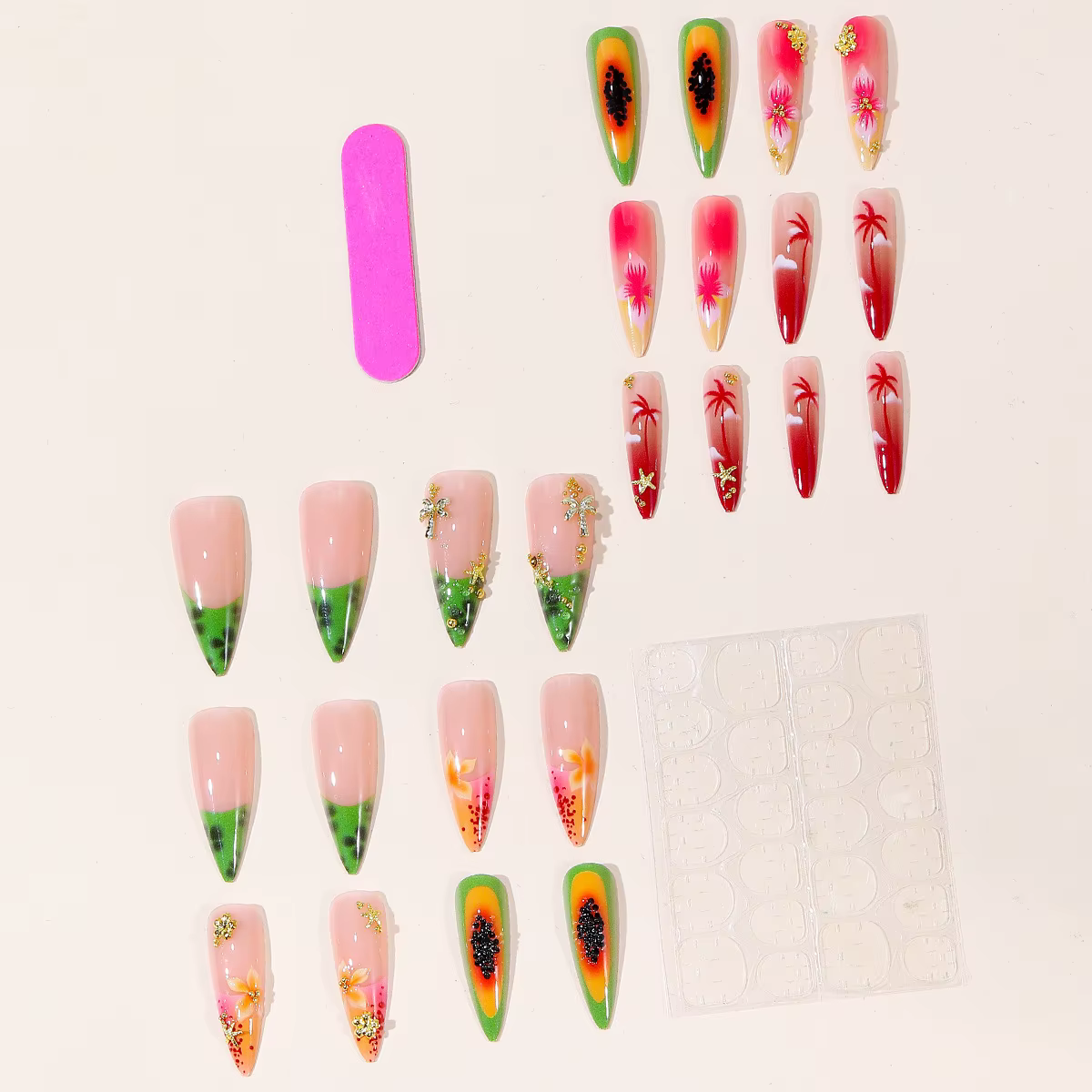 24 faux ongles à presser motif fruits tropicaux et floraux