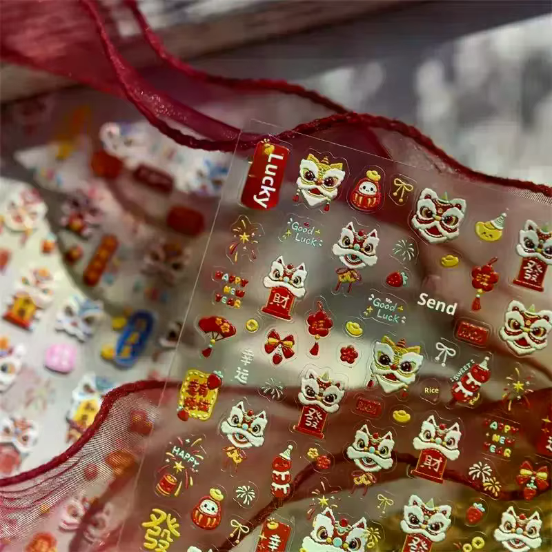 Mignon nouvel an chinois cheval année Lion danse arc Nail Art impression autocollants chanceux poney manucure décalcomanies festif en relief décor d'ongle