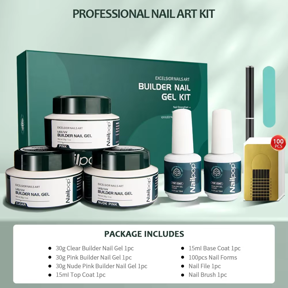 NAILPOP constructeur ongles Gel ensemble 3 couleurs de base Kit d'extension d'ongle clair nu rose renforcer Gel avec brosse 100 pièces formes d'ongles bricolage