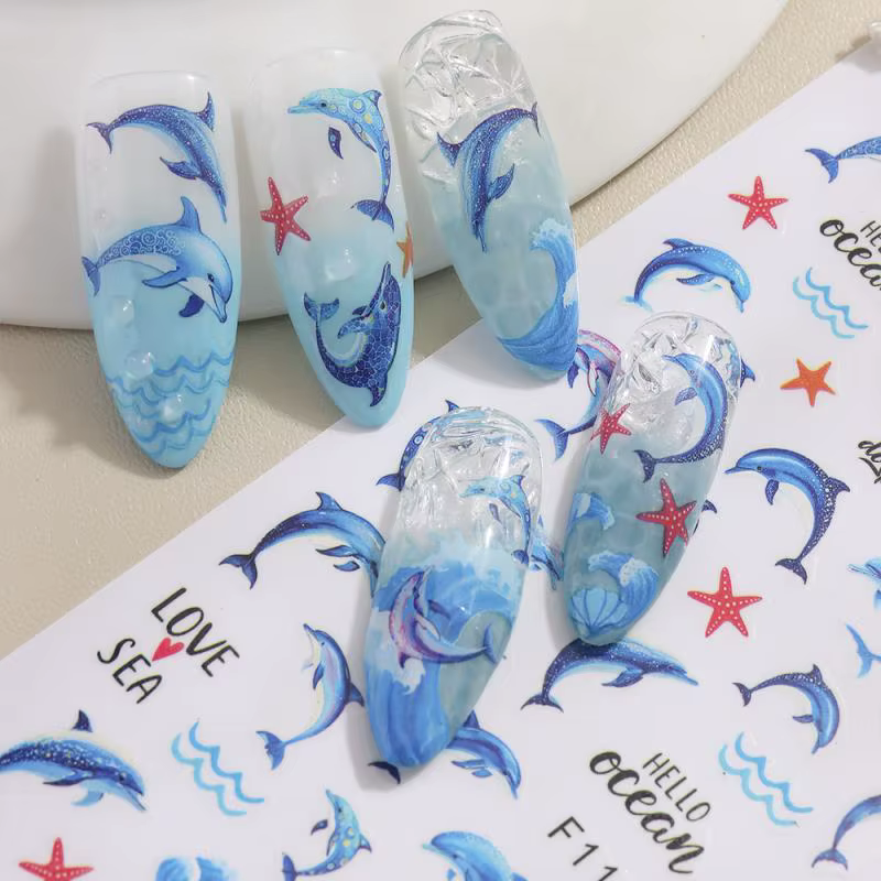 1 feuille holographique méduse dauphin Nail Art autocollants 3D sirène océan coquille ongles décalcomanies adhésif