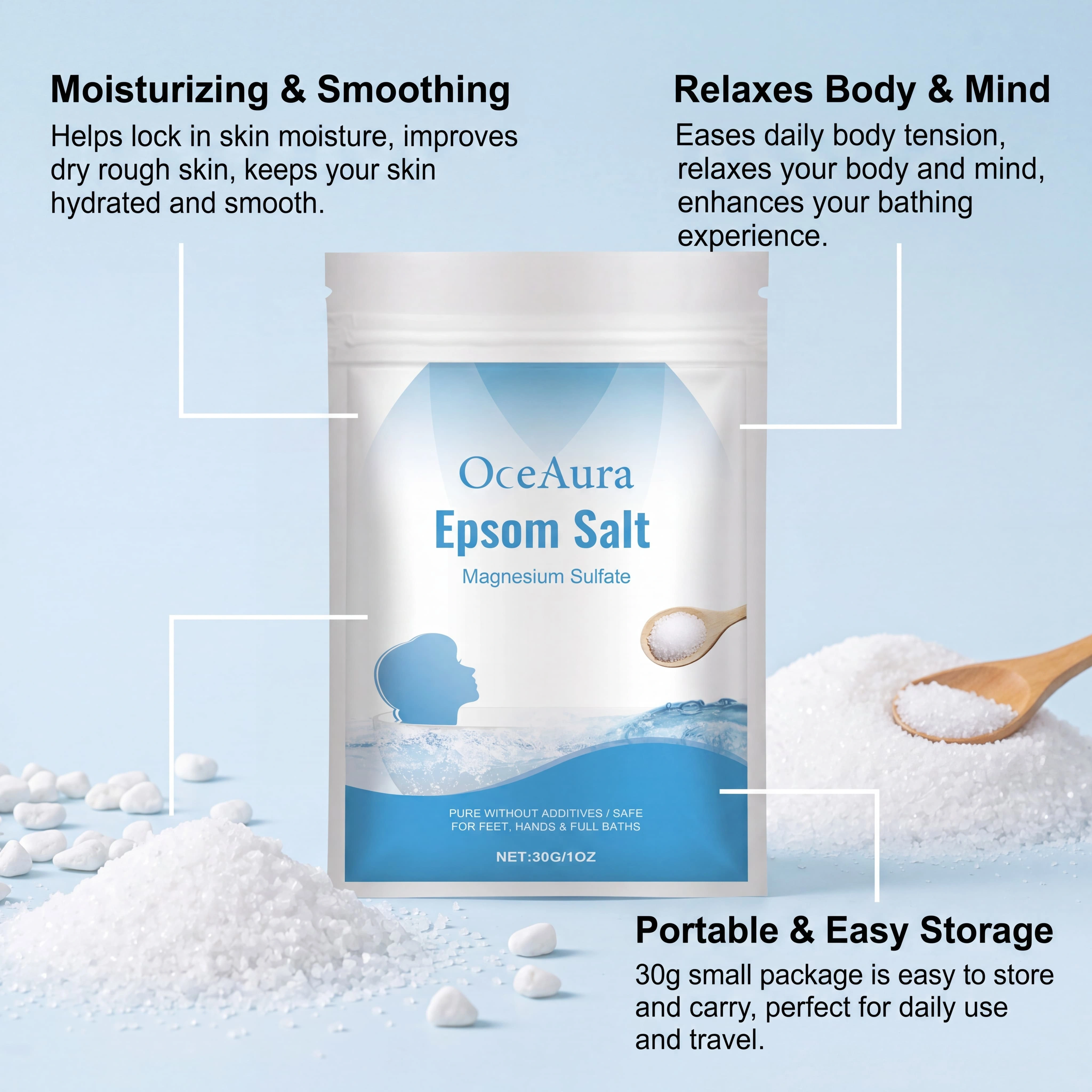 Sel d'Epsom pur, sulfate de magnésium pour bain de pieds