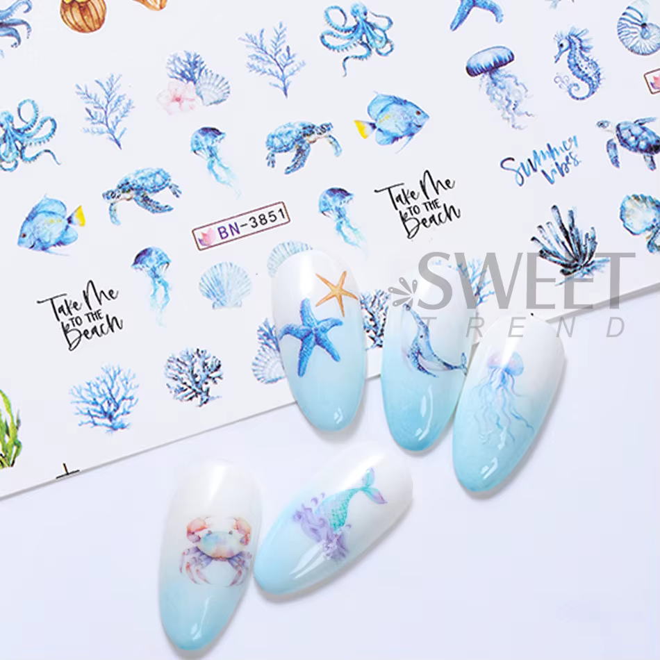 12 Motifs Autocollants Ongles Thème Océan Estival Coquillages Étoiles de Mer Méduses Décoration Manucure Transfert à l'Eau