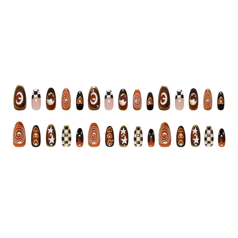 24 faux ongles noirs motif lune et étoile avec carreaux marron