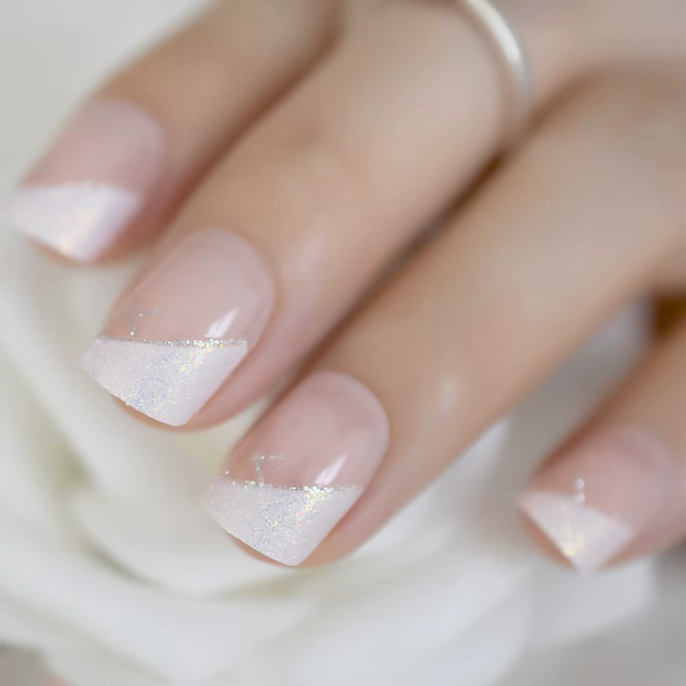 Faux ongles français instantanés blancs irisés