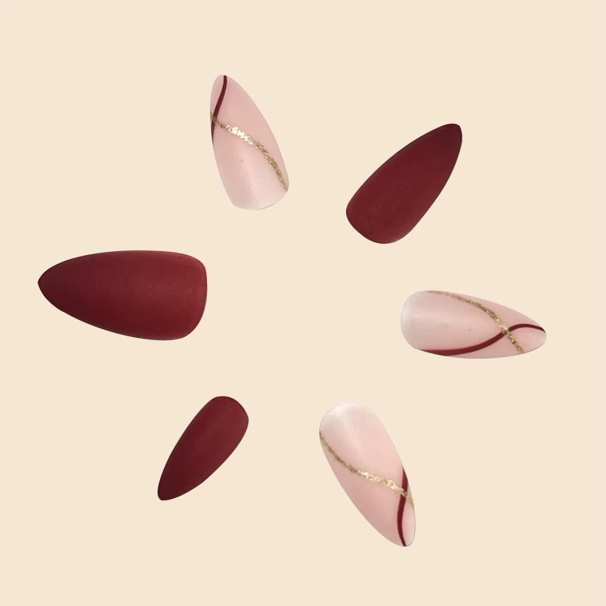 Femmes filles 24 pièces/ensemble forme de goutte moyenne français rouge or ligne Surface mate couverture complète portable faux ongles presse sur Nail Art