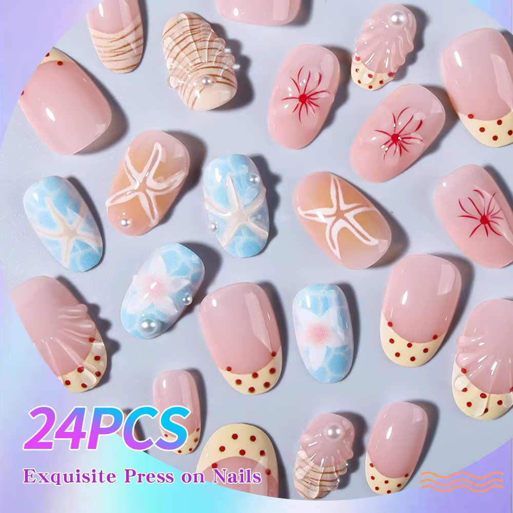 24 pièces par ensemble. Ongles courts ovales en gel 3D à motif floral étoilé et à pois