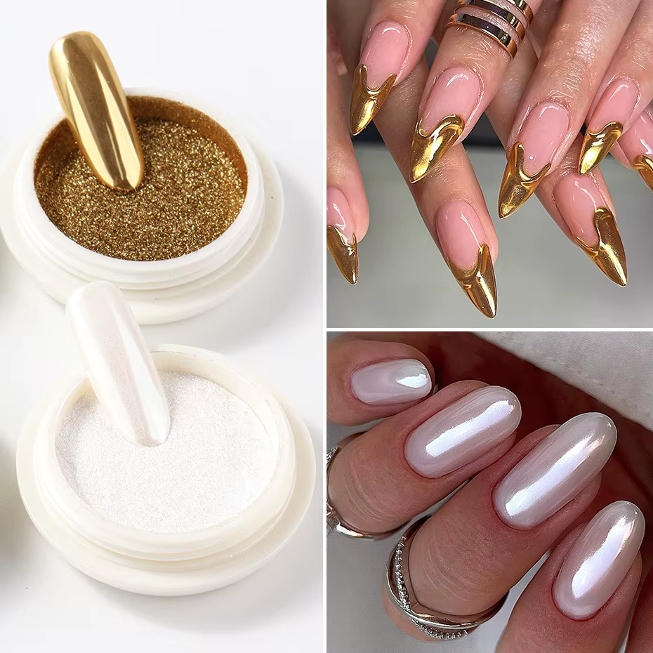 6 pièces de poudre à ongles chromée effet miroir blanc