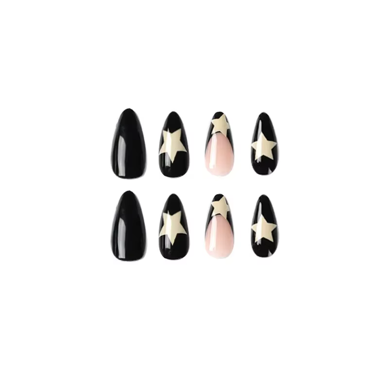 24 pièces de longs ongles français Black Edge Star avec 1 gel de gelée et 1 lime