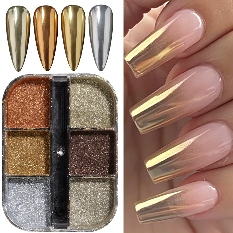 Poudre à ongles chromée or 6 couleurs