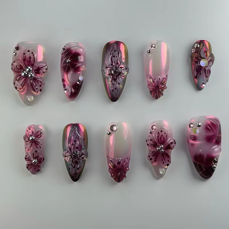 24 pièces fleur impression presse sur ongles vin rouge Blush amande faux