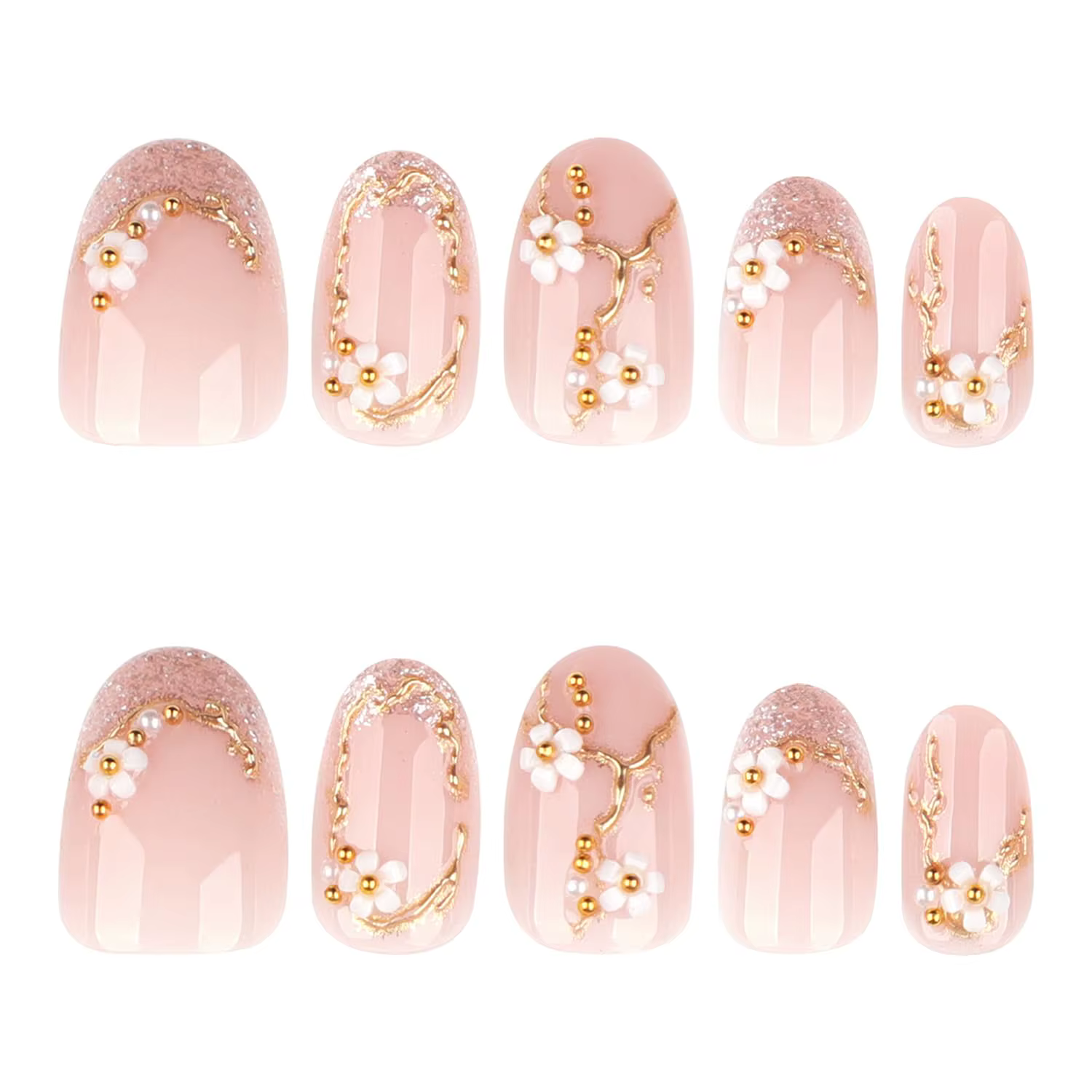 Faux ongles à presser courts en amande rose avec motifs floraux 3D