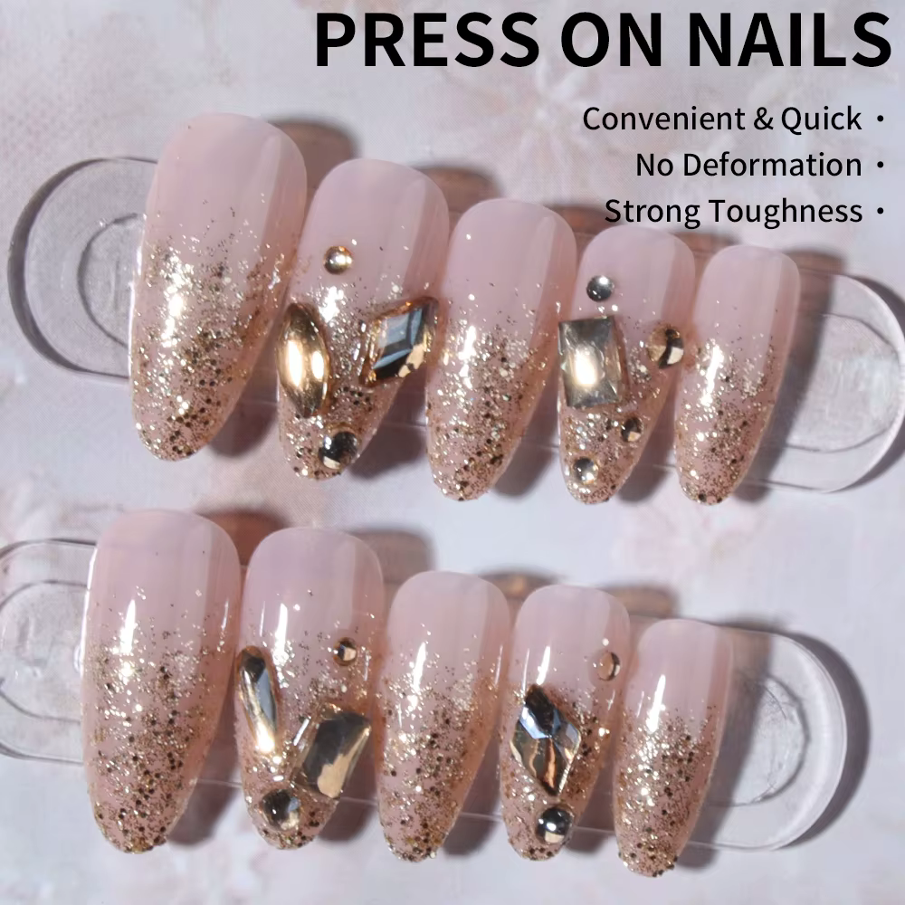24 pièces d'ongles longs en forme d'amande avec lumière scintillante : design français