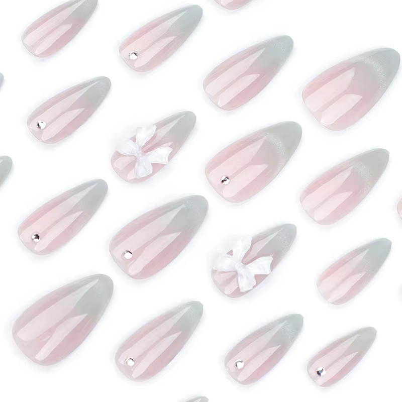 24 pièces doux oeil de chat français presse sur ongles diamant pointu tridimensionnel nœud papillon portable