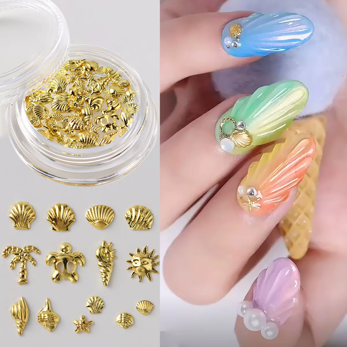 1 Boîte de Décorations Métalliques pour Ongles Thème Océan Doré – Coquillages