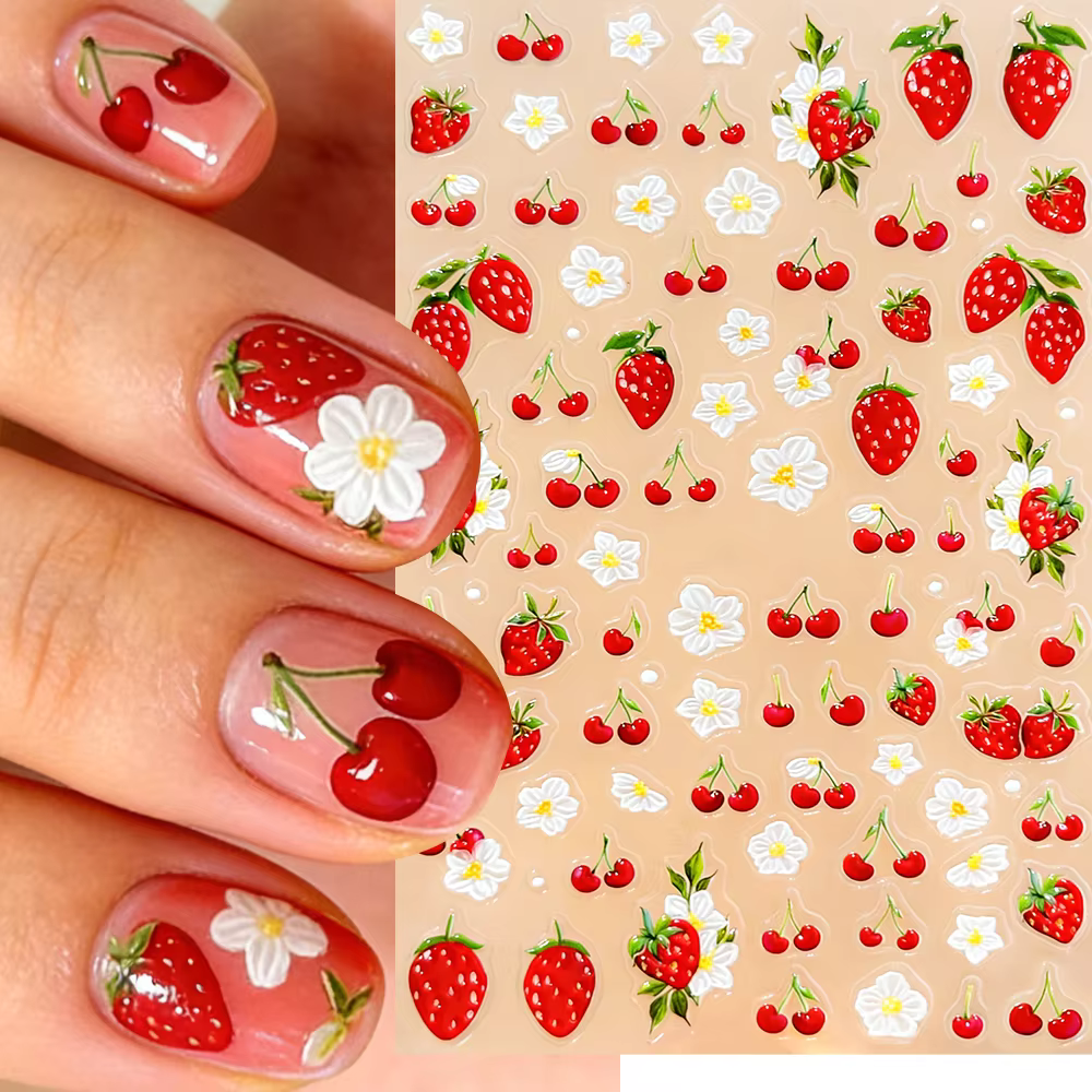 1 autocollant pour ongles 5D motif fraise rouge mignonne
