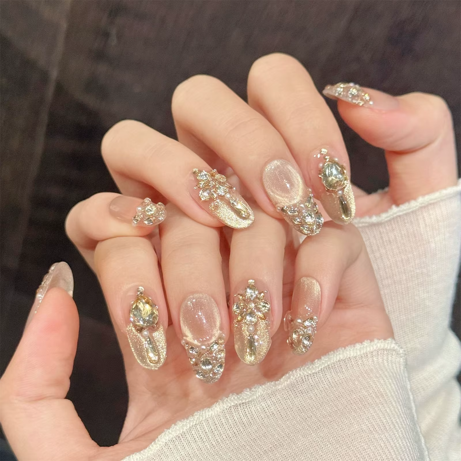 Faux ongles de luxe à pression avec strass en or rose