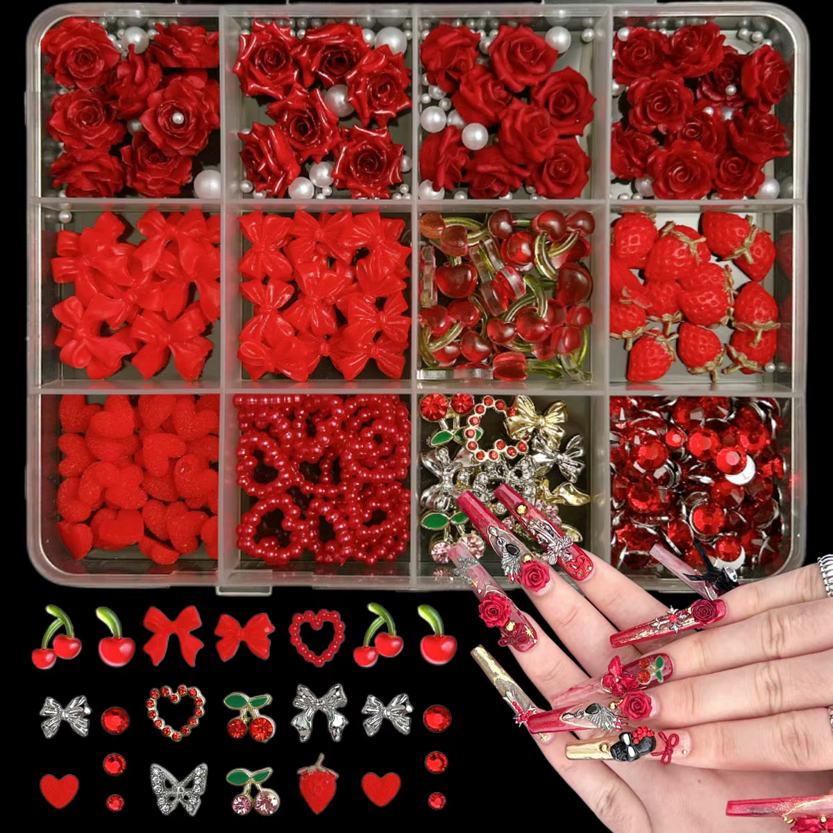 1 boîte de breloques pour ongles en résine de cerise simulée festive 3D