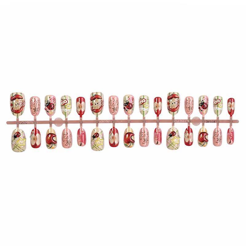 24 faux ongles courts ovales rouges et roses avec motifs 3D pomme