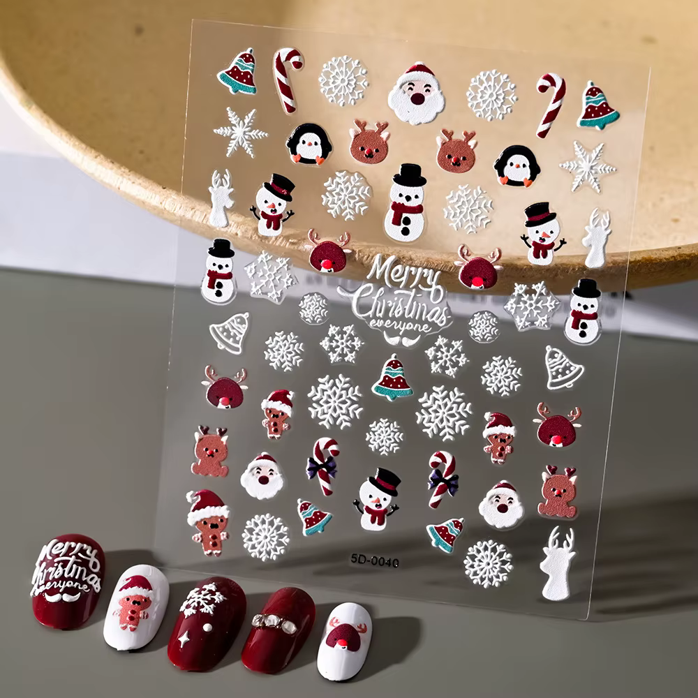 Autocollants pour ongles de noël 5D en relief bonhomme de neige flocons