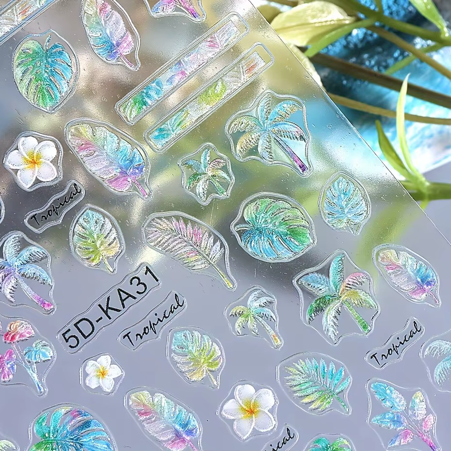 Autocollants pour ongles en relief avec des motifs floraux et d'animaux de plage d'été