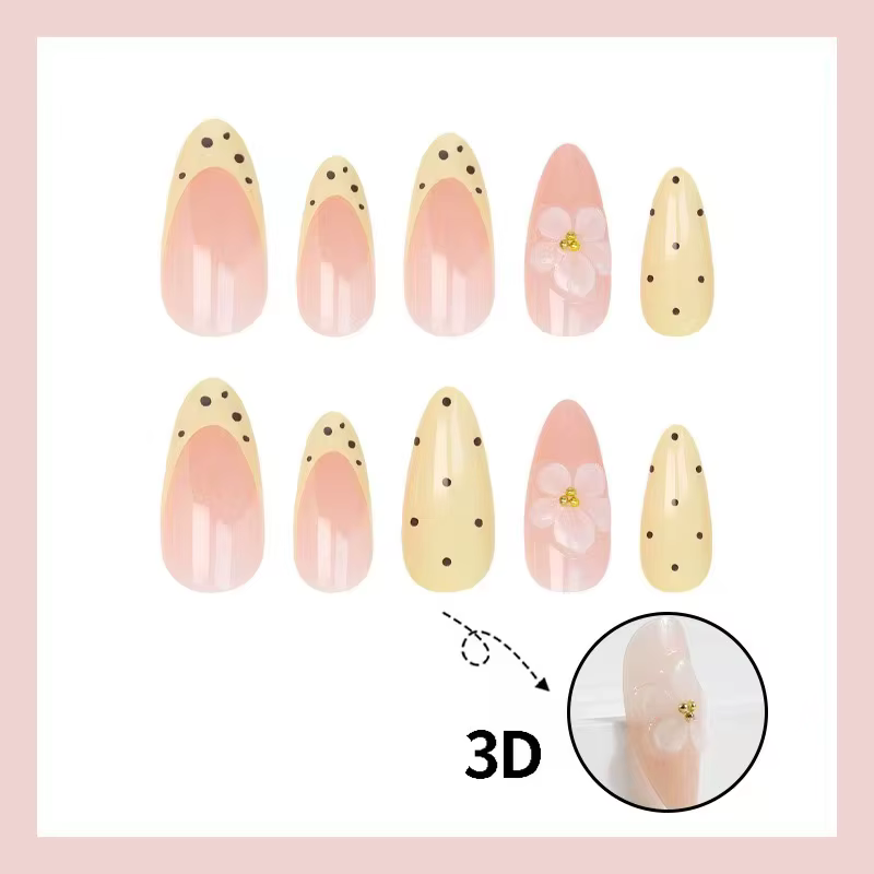 24 faux ongles ovales français à pois couleur crème