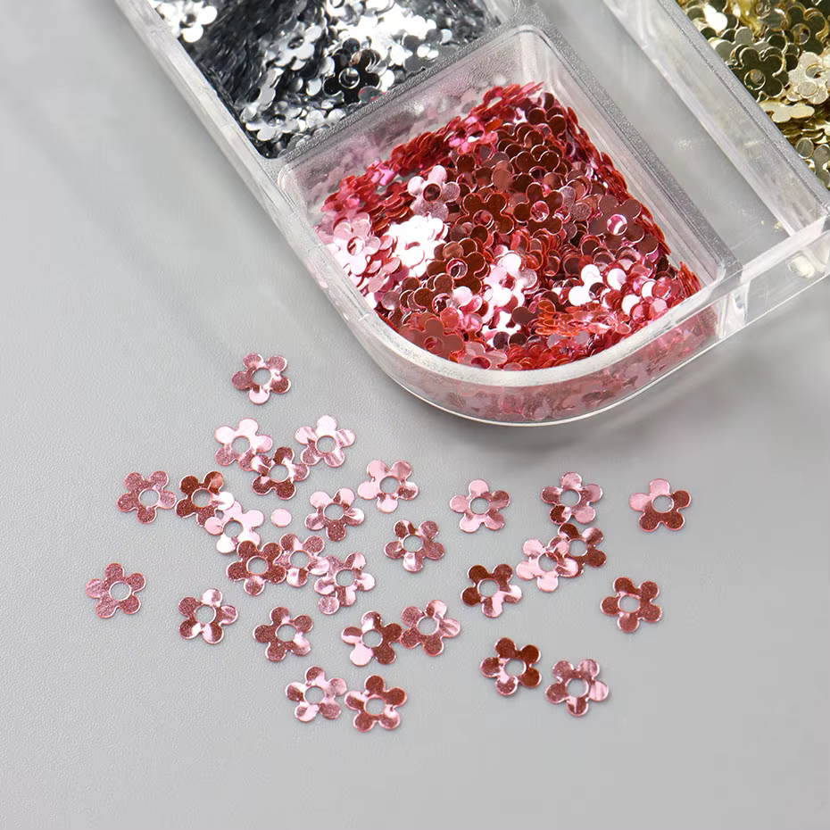 6 grilles Kawaii 5 pétales noir blanc Nail Art flocon Y2K brillant doré ongles fleur paillettes 3D métal
