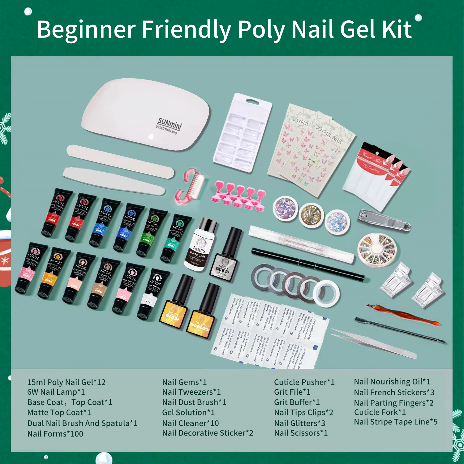 Kit de gel pour extension d'ongles -NOCIS Noël 12 couleurs Gel pour ongles Poly Gel pailleté doré