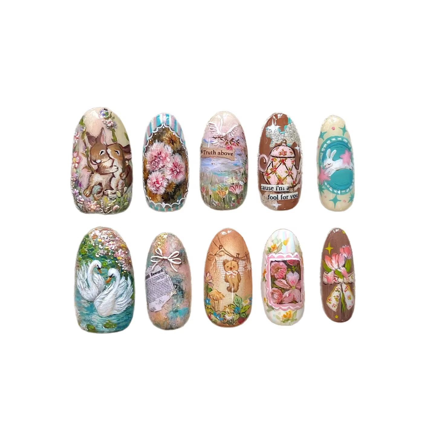 24 pièces série Journal de terrain faux ongles mignon lapin cygne fleur conceptions
